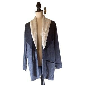Hummingbird Long Sleeve Navy Cardigan Fuzzy Collar - Navy Blue - Patchwork